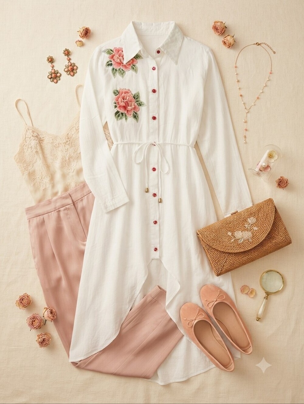 White Button Front Tie Waist High Low Hem Dress With Red Rose Appliques